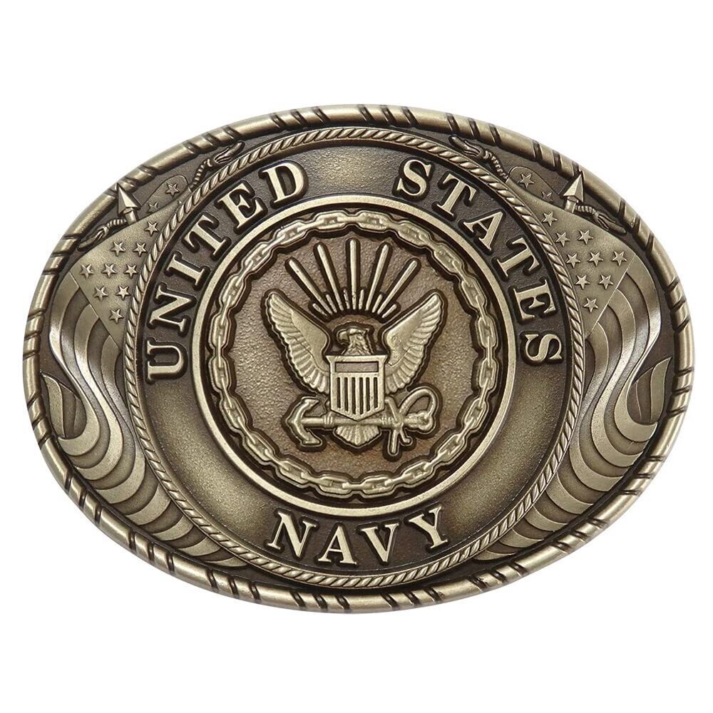 3966 US NAVY Crest Double USA Flag Solid Brass Buckle Made In USA